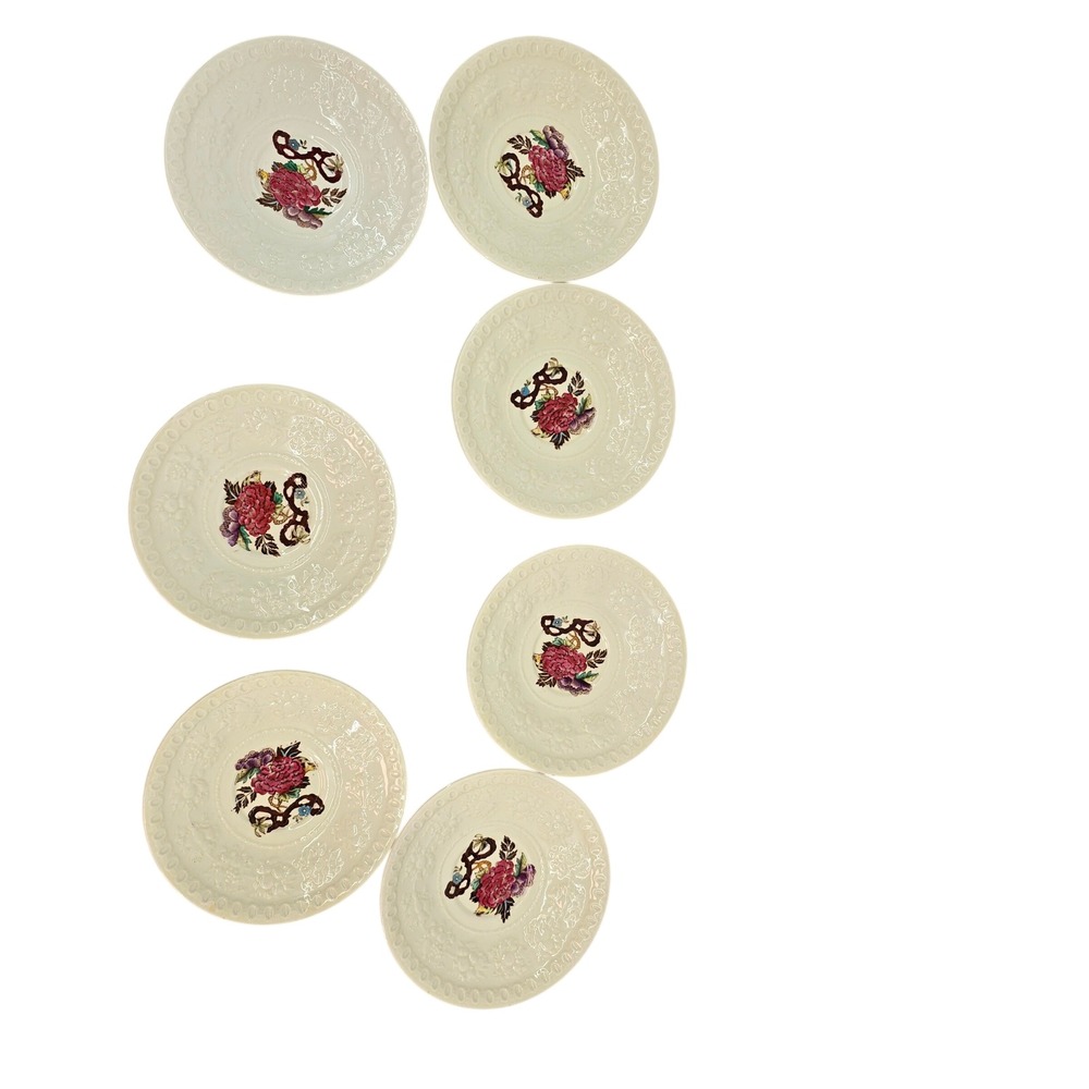Wedgwood Wellesley Bullfinch Saucers Set of 7 Vintage Floral Bird Cream England